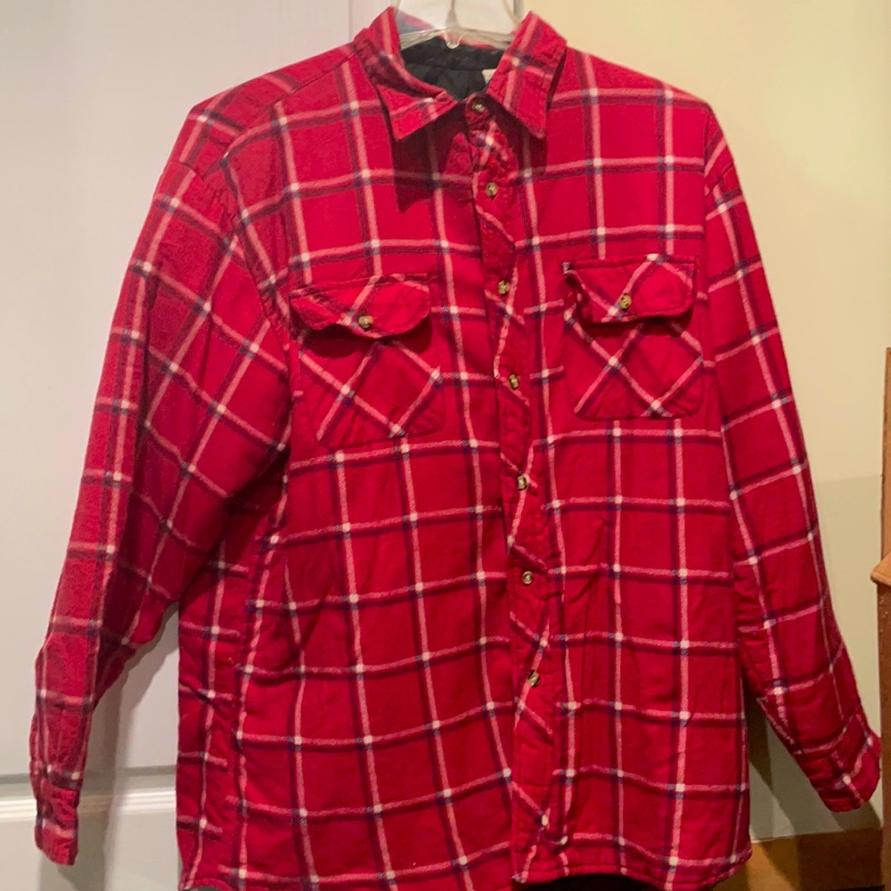 Men’s red plaid button up jacket with pockets